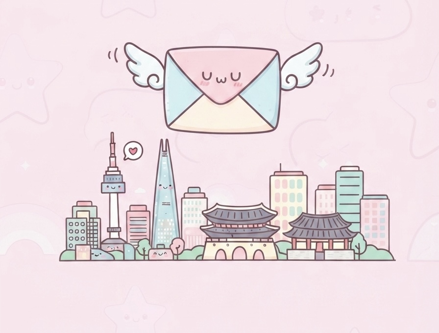 cute illustration of a smiling, winged pastel envelope soaring above a cute illustrated Seoul skyline with the Seoul Tower and traditional architecture against a soft pink star-patterned background.
